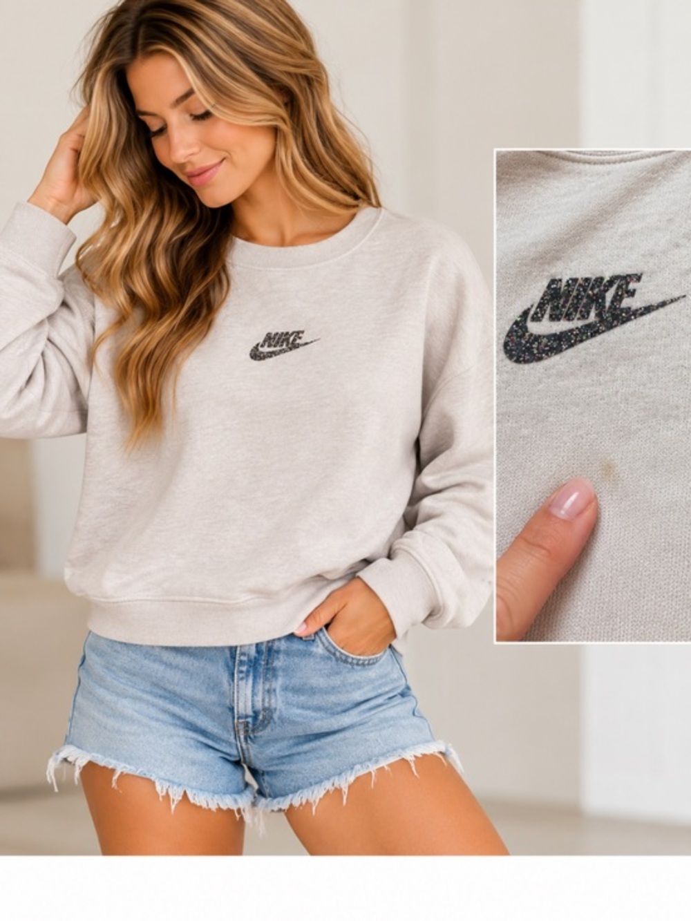 Nike Sportswear Women’s Small Light Beige Speckled Logo Crewneck Sweatshirt